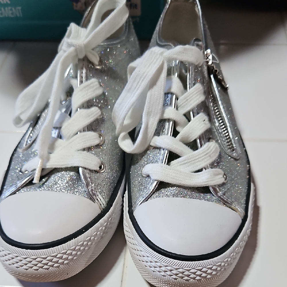 Glittery Silver Kids Sneakers with White Laces